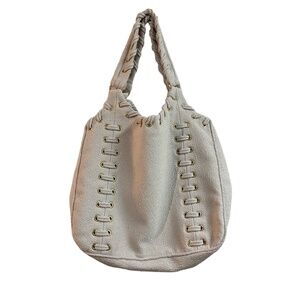 ST. JOHN Womens Large Shoulder Bag Beige Woven Knit Gold Grommet Luxury Designer